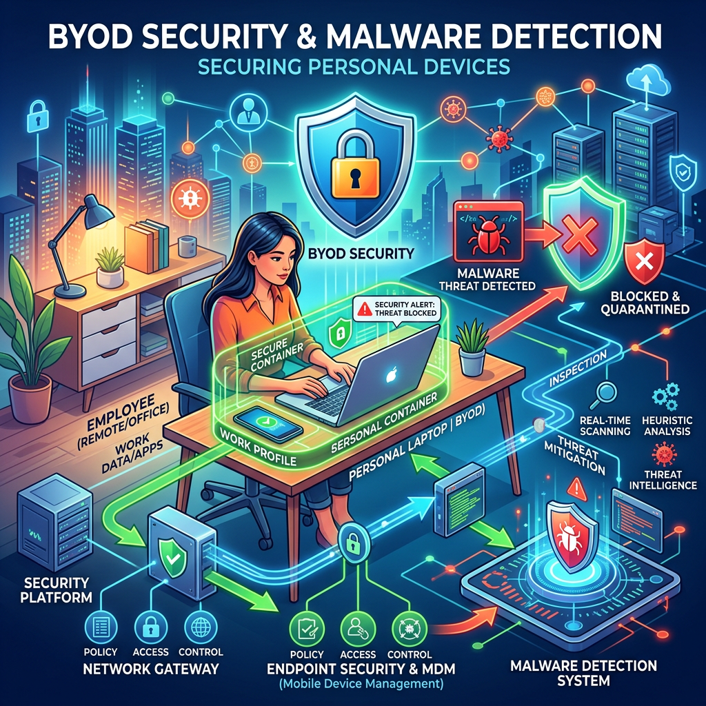Diagram showing BYOD security process with malware detection, quarantine, and network protection for personal devices.